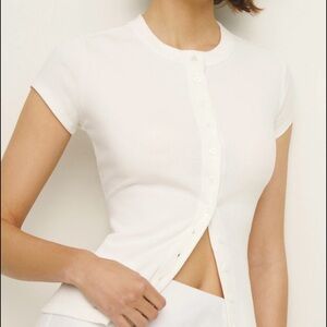Reformation Raelynn Knit White Short Sleeve Button-Down Shirt